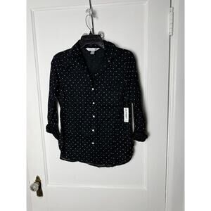 Old Navy Blouse Top Women's XS Dark Navy Blue White Polka Dot Poplin Crisp NEW